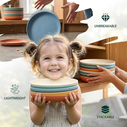 Homienly Wheat Straw Deep Plates 12 PCS Unbreakable Salad Plates Microwave & Dishwasher Safe Plastic Plates Reusable Stackable Bread & Butter Plates Sets for Kitchen, Camping, Party (9inch,Multi) - Image 6