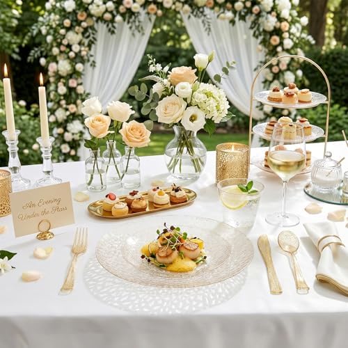 Rubtlamp 700Pcs Gold Glitter Plastic Dinnerware Set, Hammered Clear Plates, Fancy Plastic Plates Include 100 Dinner Platos, 100 Salad Platos, 100 Cups,100 Pack Pre Rolled Glitter plastic Silverware - Image 7