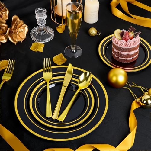 BESTVIP 200PCS Black Plastic Plate with Gold Rim - Image 5