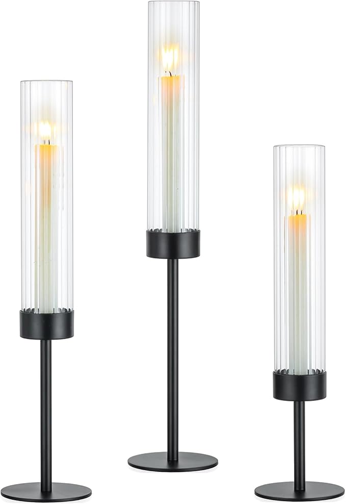 Hewory Black Taper Candle Holders: Candlestick Holders Set of 3 Hurricane Glass Tall Candle Holder for Candlesticks Candle Sticks Holder Decor for Table Centerpiece Wedding Party Christmas Decorations