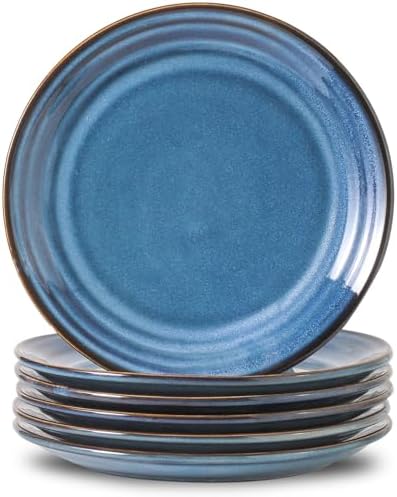 HASENSE Salad Dessert Plates, 8 Inch Ceramic Dinner Plate Set of 6, Small Round Serving Dishes for Appetizer, Fruit, Cake, Snack, Blue Reactive Glaze Kitchen Gift, Microwave Dishwasher Safe by Hasense