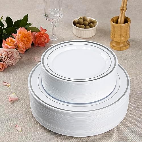 SETUP Case of 300 White Silver-Rimmed Plastic Plates - Premium Heavy-Duty Disposable Combo for Weddings and Parties - 150 10.25" Dinner and 150 7.5" Salad Plates - Image 5