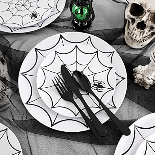 WDF 60Pieces Halloween Plates Disposable Plastic - White and Black with Cobwebs plates Dinnerware include 30PCS 10.25inch and 30PCS 7.5inch Plates for Halloween - Image 6