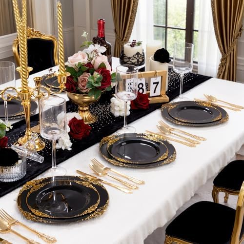 125PCS Black and Gold Plastic Plates for Wedding Party Halloween - Image 6