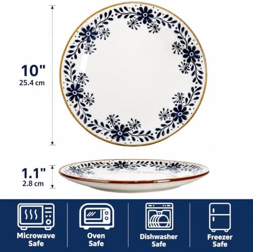 10" Ceramic Dinner Plates Set of 4, Large Round Blue Floral Plate - Image 2