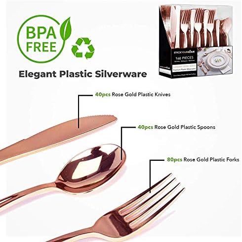 Rose Gold Plastic Silverware Set (160 Bulk Pack) Disposable Cutlery Utensils, 80 Forks, 40 Knives, 40 Spoons, Heavy Duty Rose Gold Flatware For Holidays, Parties, Dinners, Weddings, and Occasions - Image 2