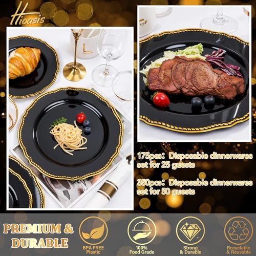 Hioasis 175 Pcs Black and Gold Plastic Plates Wedding & Party - Image 7