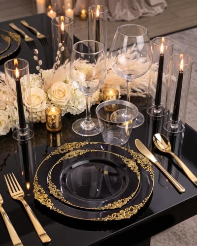 Nervure 600Pcs Black Plastic Plates, Plastic Dinnerware Set for 100 Guests - Image 5