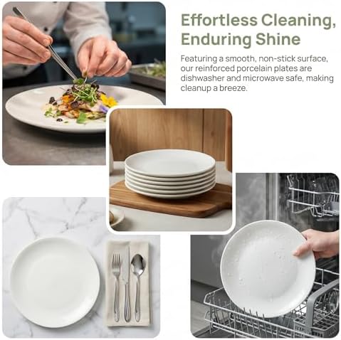 Ceramic Appetizer Plates Set of 6, White Porcelain Dessert Plates 9 Inch, Dinner Plates, Modern Round Salad Plates, Porcelain Serving Dishes for Snack, Bread, Fruit, Microwave & Dishwasher Safe - Image 3