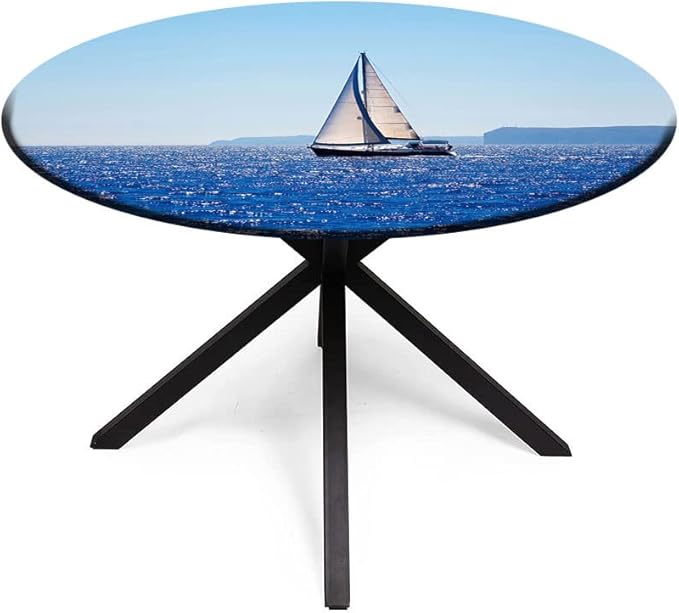 Round Vinyl Fitted Tablecloth, Ocean Print Polyester Table Cloth, Blue Mediterranean Sailboat Sailing in Round Tables 23inch Diameter, Holiday Party Home Kitchen Dining Table Decoration