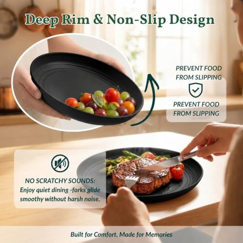 Homienly Wheat Straw Deep Plates 10 Inch Large Dinner Plates Set of 6 Unbreakable & Lightweight Plastic Plates for Salad,Pizza Microwave & Dishwasher Safe Plates Set for Serving,Camping,Dorm (Black) - Image 4