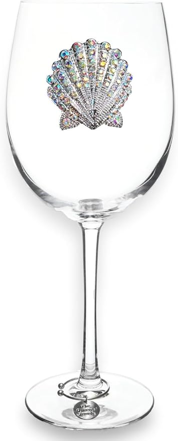 THE QUEENS' JEWELS Seashell Jeweled Stemmed Wine Glass, 21 oz. - Unique Gift for Women, Birthday, Cute, Fun, Not Painted, Decorated, Bling, Bedazzled, Rhinestone
