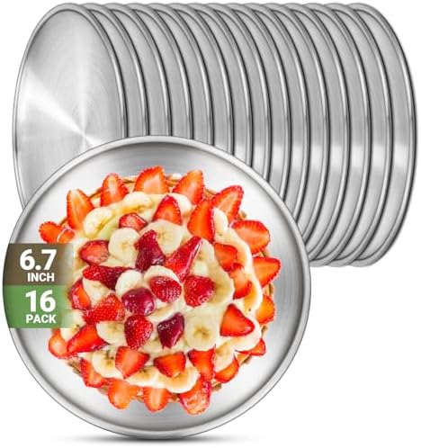 Stainless Steel Plates, 16 Set 6.7 inch 304(18/8) Metal Food Serving Plate, Reusable Snack Eating Dishes Round Shatterproof Plate Silver Dinnerware for BBQ Dinner Oven Dishwasher Safe by Offiper