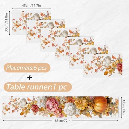 ANNA QUEEN Vintage Fall Floral Table Runner and Placemats Set of 6, 13"x72" Runner with 12"x18" Placemats, Rustic Peony and Garden Flowers Thanksgiving Dining Decor - Image 2