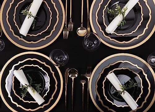 PLASTICPRO 128 Pack Elegant Disposable Plastic Plates Combo Set Includes 64 Dinner Plates and 64 Salad Plates Heavy Duty Fancy Party Plates Black & Gold Contemporary Design - Image 4