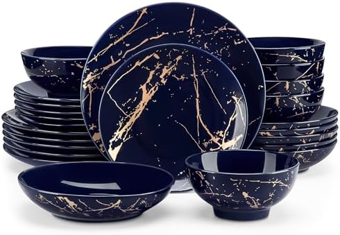 LOVECASA Plates and Bowls Sets for 6, 24 Pieces Porcelain Dinnerware Sets, Dark Blue and Gold Dish Set Gold Splash Dishware Sets, Dishwasher Microwave Safe by LOVECASA