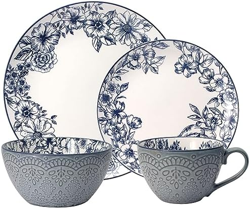 Pfaltzgraff Gabriela Blue 16-Piece Dinnerware Set, Service for 4, Durable Stoneware Plates, Bowls, and Mugs with Elegant Blue Pattern, Dishwasher Safe - Image 2