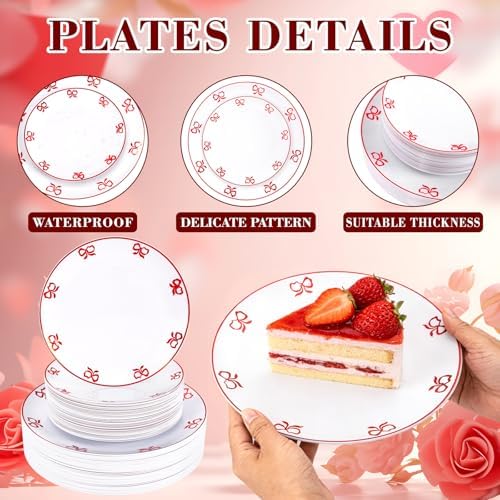 125PCS Red Bow Plastic Plates - White and Red Rim Disposable Plates - 50 Elegant Plates with Bowknot Patterns, 25 Forks, 25 Spoons, 25 Knives for Birthday Wedding Party - Image 5