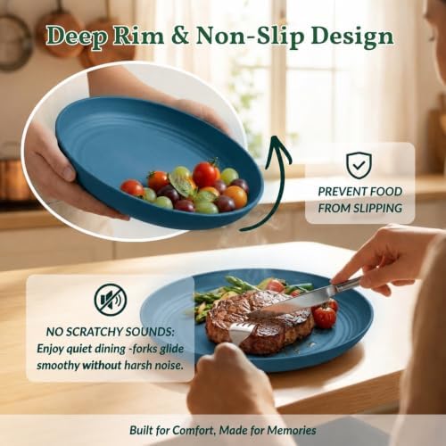 Homienly Large Dinner Plates 12 PCS Wheat Straw Plates for Bread & Butter 10 Inch Unbreakable Camping Plates for Salad, Steak, Microwave & Dishwasher Safe Serving Plates for Kitchen, Picnic, RV (Blue) - Image 4