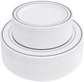 SETUP 100-Piece Silver Trim Plastic Dinnerware Set – 50 10.25" Dinner & 50 7.5" Salad Plates – Heavy-Duty Disposable for Weddings, Catering, Parties by SETUP