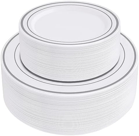 SETUP 100-Piece Silver Trim Plastic Dinnerware Set – 50 10.25" Dinner & 50 7.5" Salad Plates – Heavy-Duty Disposable for Weddings, Catering, Parties by SETUP