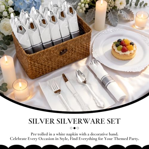 400PCS Pre Rolled Silver Plastic Silverware Sets Fancy for Wedding - Image 4