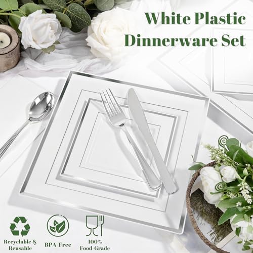 Festiva 350Pcs Silver Plates - Silver Square Plastic Plates 9 .5" and 6" - serve for 50 guests include 50 Cups 50Plastic Cutlery 50Hand Napkins Perfect for Party&Wedding&Birthday - Image 4