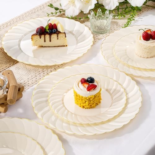YOUBET 125PCS Ivory Scalloped Plastic Plates for Party Wedding - Image 4