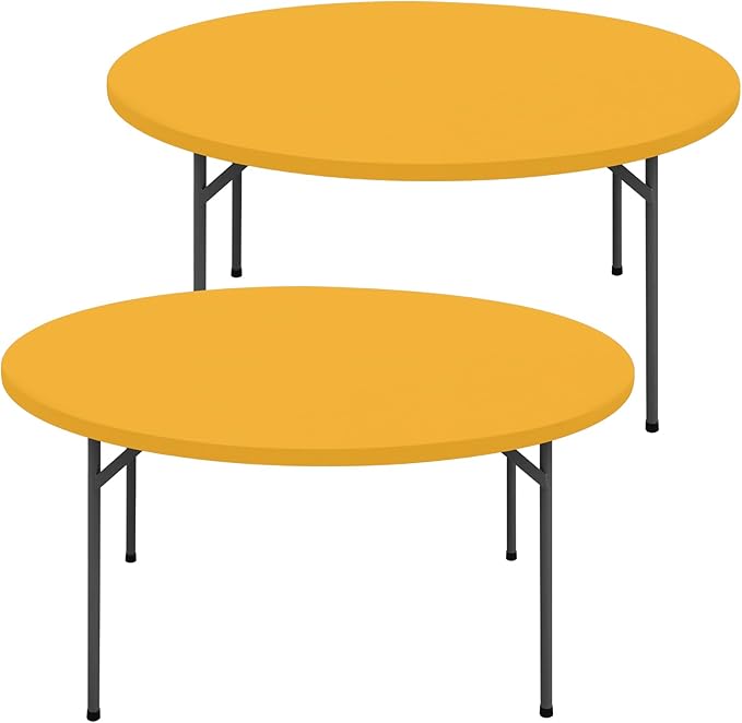 Round Spandex Tablecloth 2 Pack, Elastic Fitted Waterproof Tablecloths for 45"-56" Tables, Stretch Washable Picnic Table Cover for Camping, Dining, Indoor and Outdoor, Mustard Yellow