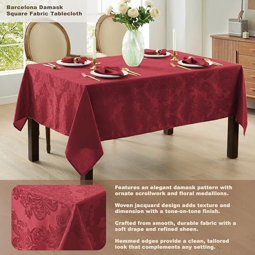 Newbridge Barcelona Damask Fabric Tablecloth, 52 x 52 Inch Square, Burgundy – No Iron, Soil Resistant Table Cover for Dining, Parties and Holidays - Image 3