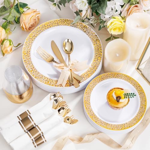WELLIFE 50 Guests Dinnerware Sets, Gold Plastic Plates，Platos Para Fiestas Elegantes Desechables Include:50 Dinner Plates, 50 Dessert Plate, 150 Pcs Gold Plastic Silverware, 50 Cups for Party - Image 4