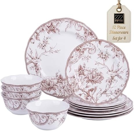 222 Fifth Adelaide Brown on White 12-Piece Dinnerware Set – Service for 4, Big Dinner Plates and Bowls Sets,Durable Porcelain, Microwave and Dishwasher Safe, for Everyday Dining & Entertainment by 222Fifth