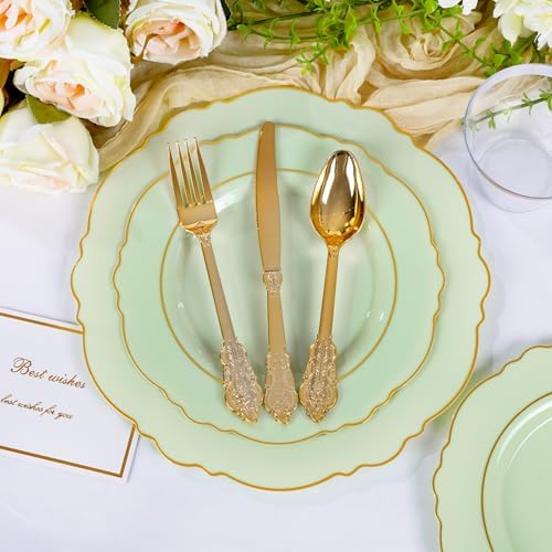 Liacere 175PCS Light Green Plates - Disposable Green and Gold - 25guest Baroque Dinnerware include 50Plates,25Pack Pre Rolled Napkins with Silverware 25Cups for Wedding ＆ Party & Spring - Image 6