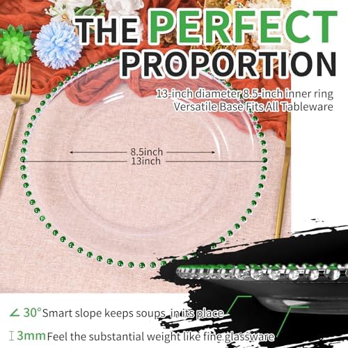 12 Pack Clear Charger Plates Bulk Wedding, 13 Inch Plastic Round Dinner Chargers with Green Beaded Rim, Acrylic Round Decorative Plates for Wedding Party Home and Tabletop Decor (Green) - Image 2