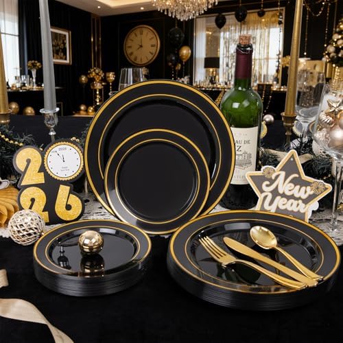 350 Pieces Black and Gold Plastic Plates with Disposable Silverware, Include 50 Dinner Plates 9”, 50 Dessert Plates 6.3”, 50 Black Cups 9 OZ, 50 Pre Rolled Napkins for New Year (Pack of 2) - Image 5