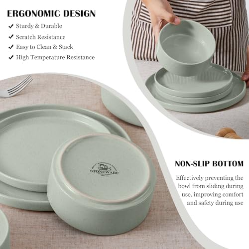 E-far 6-Piece Stoneware Dinnerware Sets, Plates and Bowls Set for 2, Green - Image 5