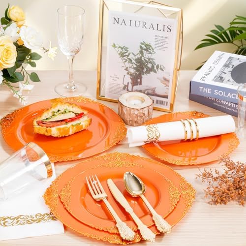 Nervure 175Pcs Orange Plastic Plates, Plastic Dinnerware Set for 25 Guests - Image 2