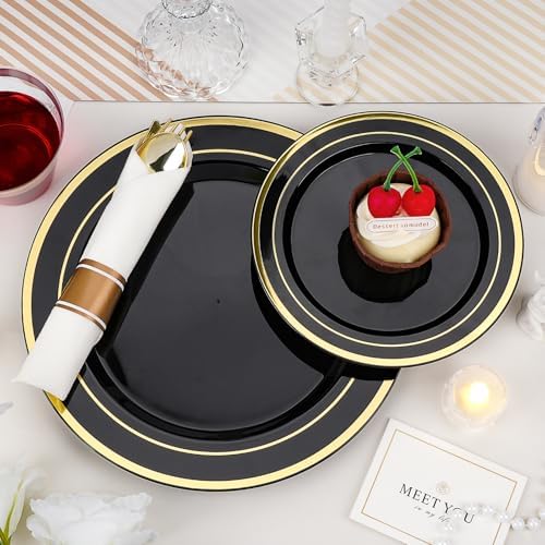 realluck 700 PCS Black Plastic Dinnerware Set for 100 Guests, 200 Disposable Plates for Party, 100 Pre Rolled Napkins with Gold Silverware, 100 Cups for Graduation - Image 2