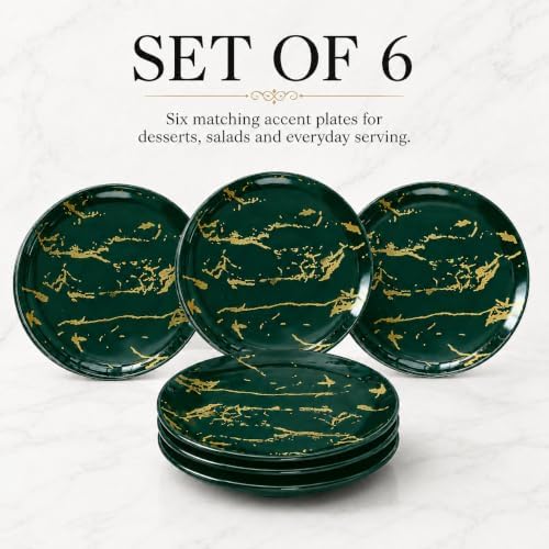 7.5-Inch Ceramic Salad Plates Set of 6, Green and Gold Marble - Image 2