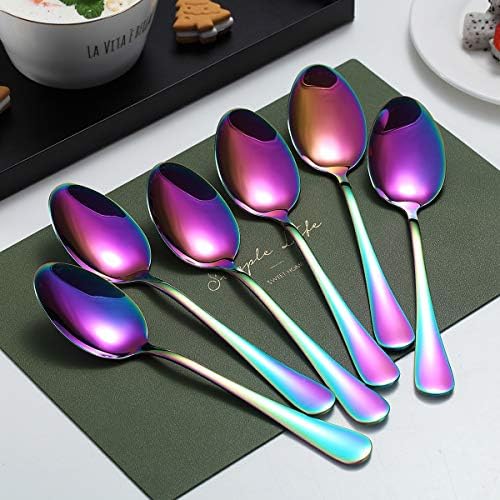 Rainbow Dinner Spoons, Kyraton 6 Pieces 7.5" Stainless Steel Table Spoon With Titanium Colorful Plating, Rainbow Soup Spoons, Dessert Spoons Sliverware Dishwasher Safe Set of 6 - Image 2