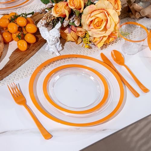 I00000 350 Pcs Clear Orange Plastic Plates Dinnerware Set for 50 Guests - Image 3