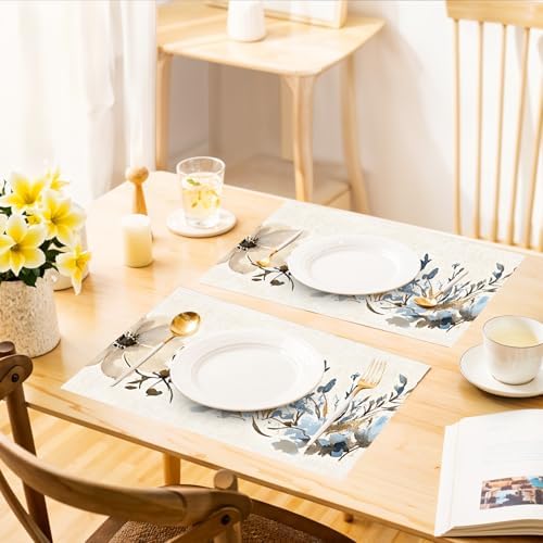 ANNA QUEEN Blue Floral Table Runner and Placemats Set of 6, 13"x72" Table Runner with 12"x18" Placemats, Rustic Linen Style Dining Set for Farmhouse, Kitchen, Everyday Decor - Image 6