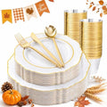 Liacere 150Pcs White Plastic Plates-White and Gold Disposable Plates Set-White and Gold Rim Disposable Plastic Dinnerware include 50Plates,25Pack Silverware and 25Cups for Thanksgiving/Fall Party by Liacere