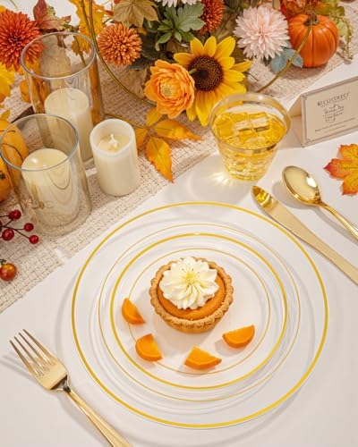 bUCLA 150Pcs Clear Gold Plastic Dinnerware Set - Clear and Gold Disposable Plates Include 25 Dinner / 25 Dessert Plates,25 Knives,25 Forks,25 Spoons,25 Cups for Party - Image 4
