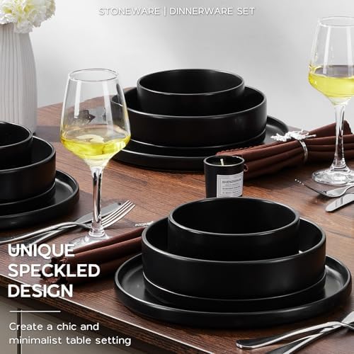 Onader Stoneware Dinnerware Set with Pasta Bowl, 24Pcs Black Dish Set for 6 - Image 5