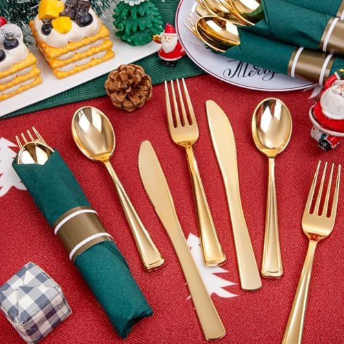 Supernal 30 Pack Pre Rolled Gold Plastic Silverware with Green Napkins - Image 3