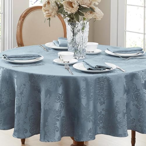 Newbridge Barcelona Damask Fabric Tablecloth, 90 Inch Round, Blue – No Iron, Soil Resistant Table Cover for Dining, Parties and Holidays - Image 6