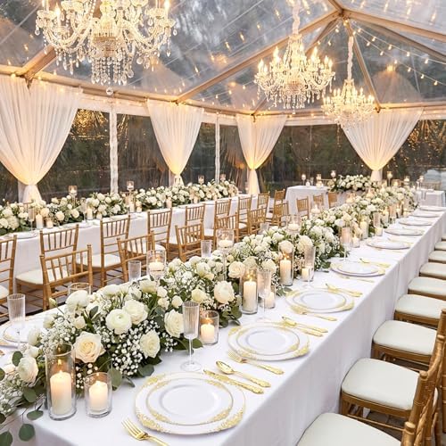 125PCS White and Gold Plastic Plates and Silverware for Wedding - Image 4