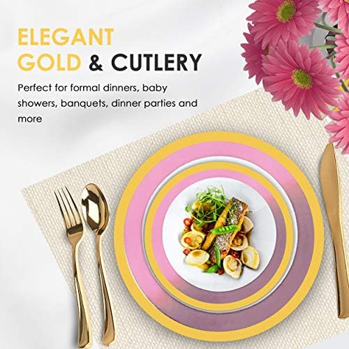 125-Piece White, Pink, and Gold Fancy Plastic Plates Disposable with Silverware, Elegant Dinnerware for Weddings, Holiday Party China, Set of 25 Dinner + Salad Plates, 25 Spoons, 25 Forks, 25 Knives - Image 4