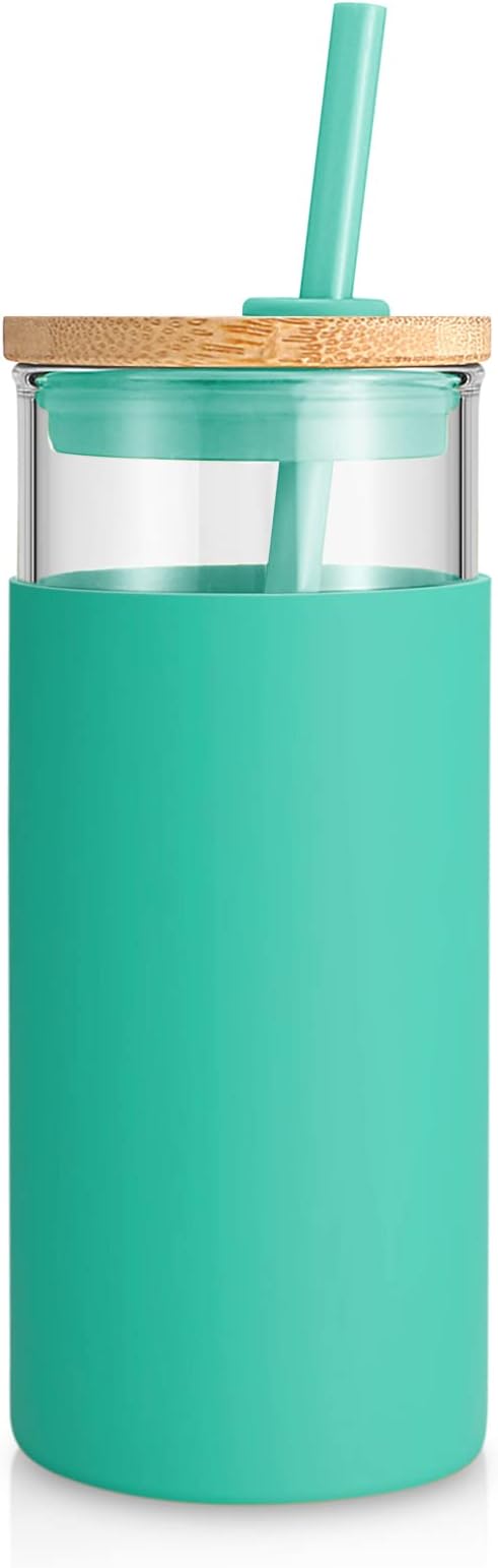 Tronco 20 oz Glass Tumbler with Lid and Straw, Iced Coffee Cup and Smoothie Cup with Bamboo Lids & Protective Silicone Sleeve, Dishwasher Safe, BPA-Free, Glass Cup 1 Pack
